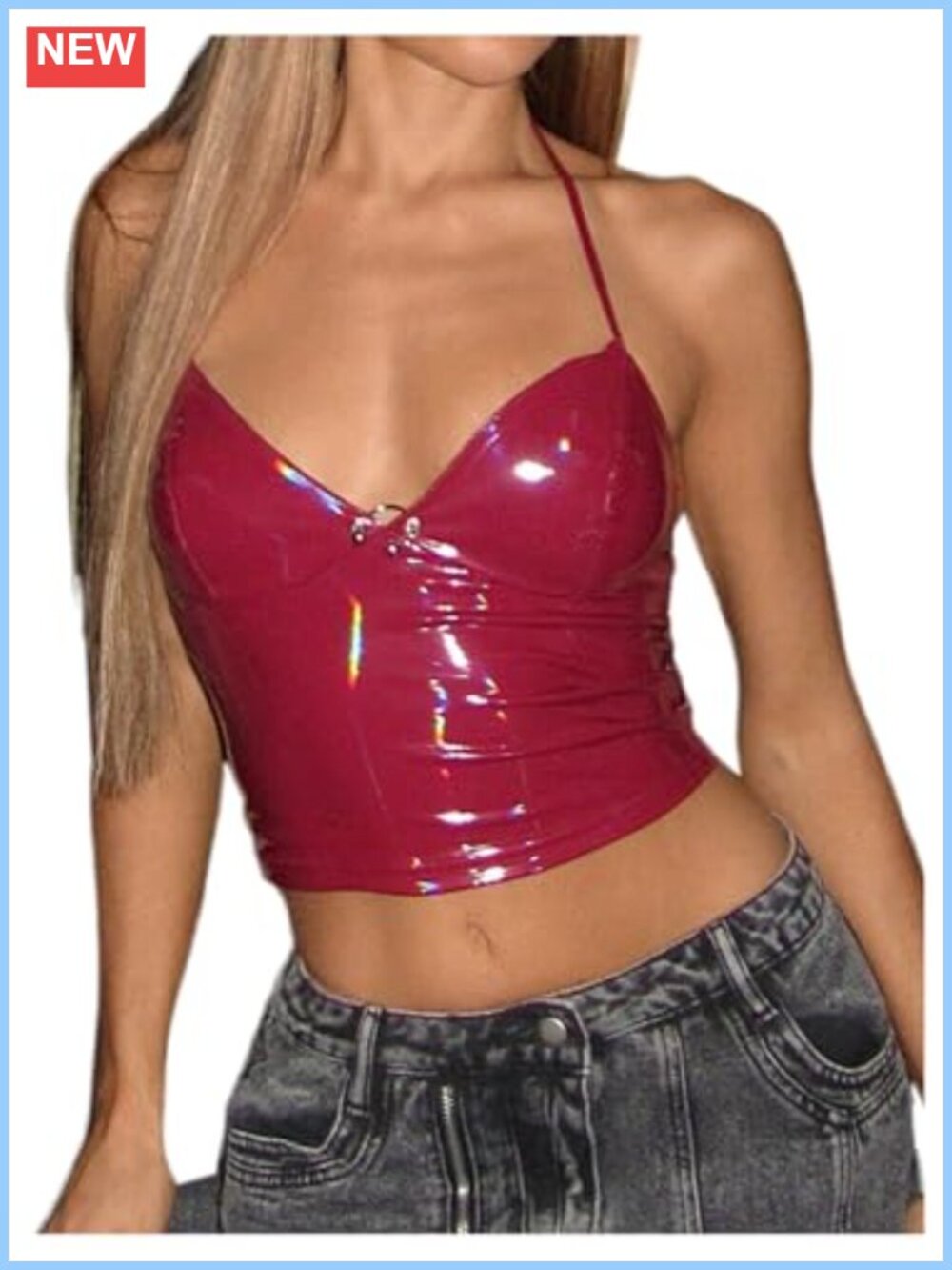 PU Leather Halter V Neck Sleeveless Cami Y2K Crop Top